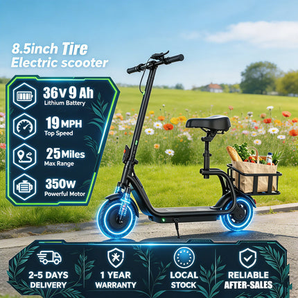 EU Stock 350W Lightweight Electric Scooter Designed For A Comfortable Ride With A Range Of 25 Miles A Top Speed Of 19 MPH Three Speed Settings Smart App Control 8.5-Inch Solid Rubber Tires An Adjustable Seat And A Removable B