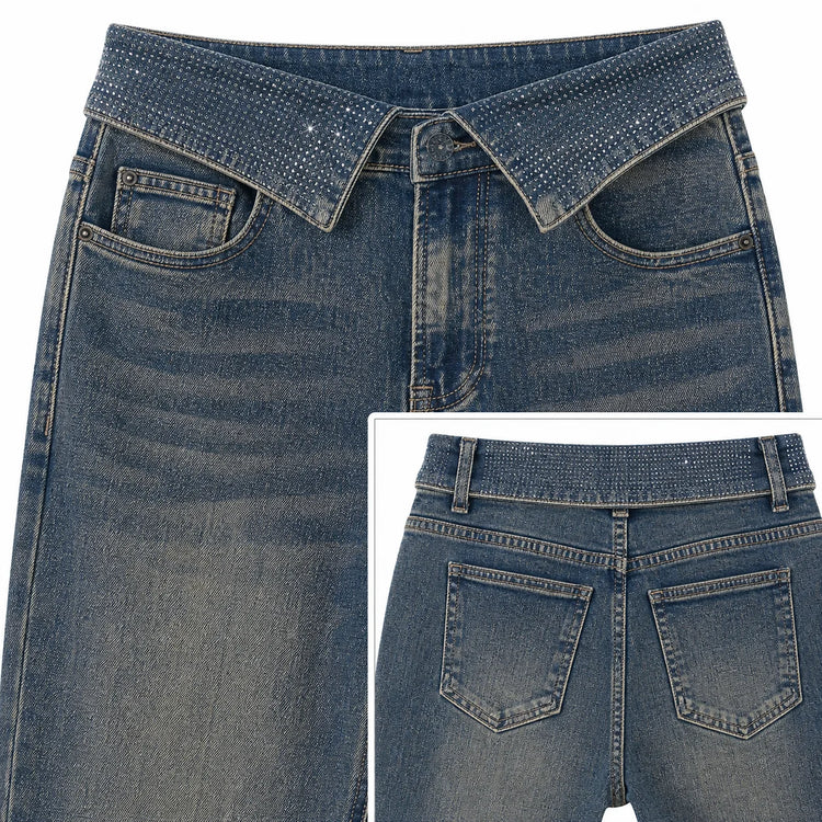 Women's High Waist Wide Leg Jeans with Rhinestone Flap and Engraved Pattern, Vintage Washed Denim, Loose Fit Shaping Legs, Y2K Glamour Style, Shiny Details, Ideal for Evening Outings, Parties, Dates Jf526