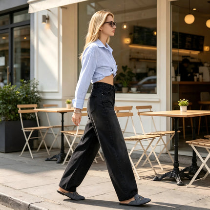 High Waist woman Jeans Barrel Model Black Denim Vintage Wash Sparse Brilliant Detail large trousers Leg Curved Streetwear Y2K Fashion Casual Outfits YW-1842