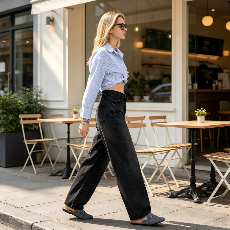 High Waist woman Jeans Barrel Model Black Denim Vintage Wash Sparse Brilliant Detail large trousers Leg Curved Streetwear Y2K Fashion Casual Outfits YW-1842