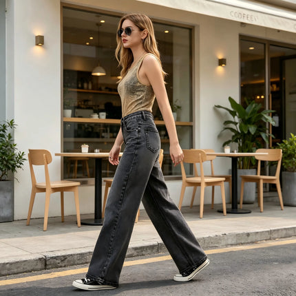 Women's High-Waisted Wide-Leg Jeans in Gray and Black Vintage Style, Trendy Frayed Hem Loose Fit, Stylish Casual Pants in Streetwear Style, Retro Distressed Wash, Flowy Cut That Elongates Legs and Enhances the Silhouette, Fx5