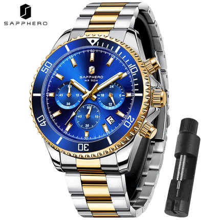 SAPPHERO Orologio Uomo Quarzo Lusso Cronografo Sport Acciaio Inossidabile Impermeabile 50M Data Luminoso Orologio Elegante Business