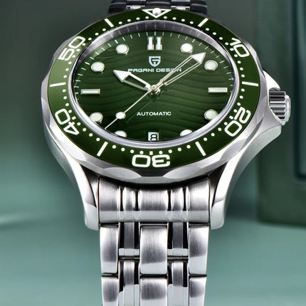 PAGANI DESIGN Orologio subacqueo automatico di lusso verde da uomo, Nuova collezione, Orologio meccanico MIYOTA 8215 da uomo, Spedizione locale