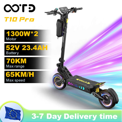 Monopattino elettrico OOTD T10PRO con motore da 2600W, 60 km/h, batteria al litio 52V 23.4Ah, illuminazione ambientale, freno idraulico