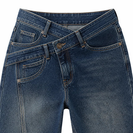 Asymmetric Cross Waist woman Wide Barrel Leg Jeans Dark Blue Denim Vintage Wash Streetwear trousers Shaped Stitching Wide Fit Comfortable Urban Look Daily Fashion Outings YW-1668