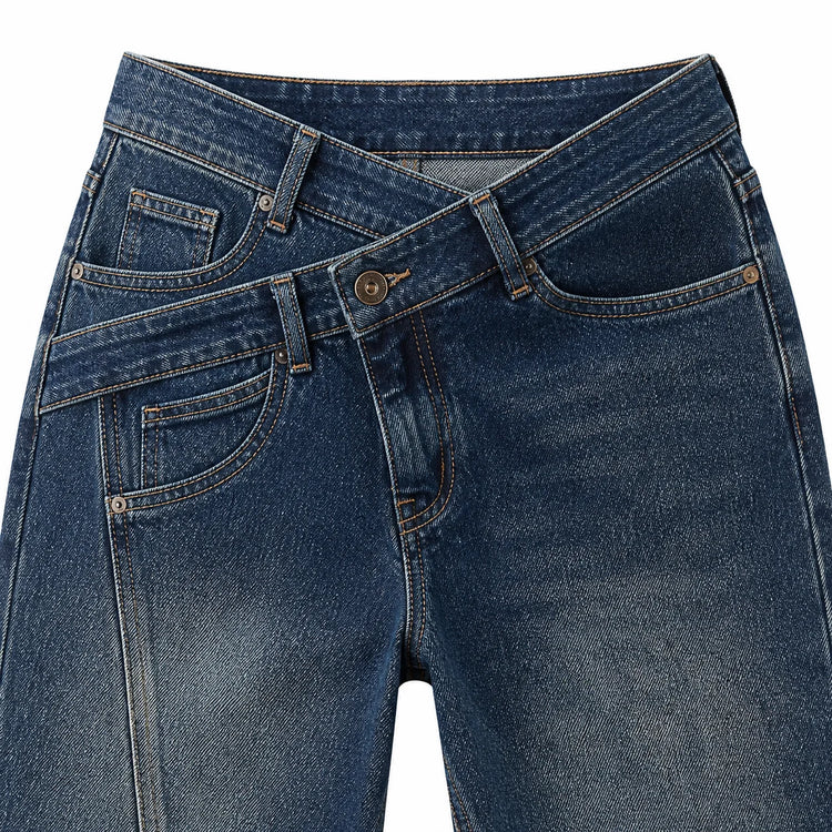 Asymmetric Cross Waist woman Wide Barrel Leg Jeans Dark Blue Denim Vintage Wash Streetwear trousers Shaped Stitching Wide Fit Comfortable Urban Look Daily Fashion Outings YW-1668