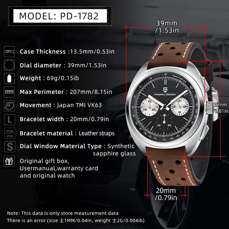 PAGANI DESIGN Nuovo Orologio da Uomo Turtle Back Cronografo al Quarzo con Vetro Zaffiro e Bracciale, Movimento Giapponese VK63, Spedizione Locale