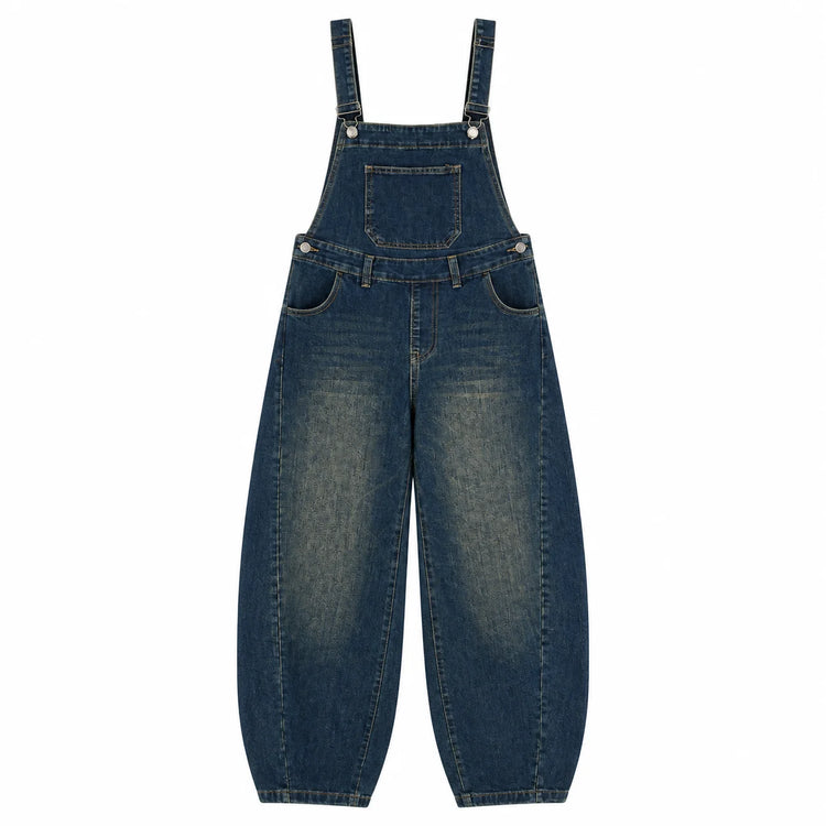 Women's Lantern Leg Jeans Overalls in Blue Denim Vintage Wash, Adjustable Straps, Comfortable Loose Fit, Urban Casual Style for Leisure Outings Yw‑1890