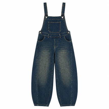Women's Lantern Leg Jeans Overalls in Blue Denim Vintage Wash, Adjustable Straps, Comfortable Loose Fit, Urban Casual Style for Leisure Outings Yw‑1890
