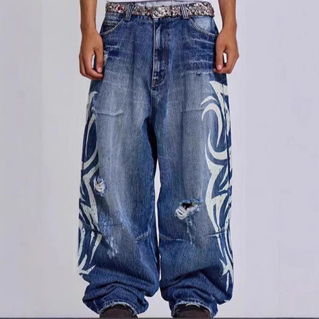 Y2K Jeans larghi con stampa totem screziati vintage americano Jeans da donna a vita alta a gamba larga Jeans hip-hop alla moda da donna