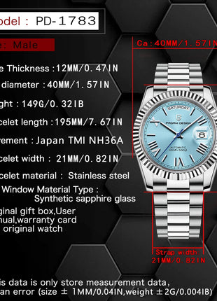 Orologio automatico di lusso Blue DESIGN Ice Blue per uomo, orologio da polso meccanico in acciaio inossidabile, impermeabile, vetro zaffiro AR, consegna locale
