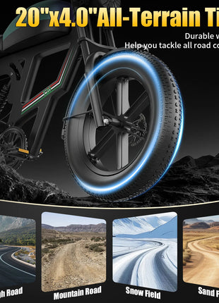 Bicicletta Elettrica T20 con Batterie agli Ioni di Litio ad Alta Capacità 48V20Ah, Bici Elettrica per Adulti con Pneumatici All-Terrain 20'X4.0', Mountain Bike Elettrica per Adulti