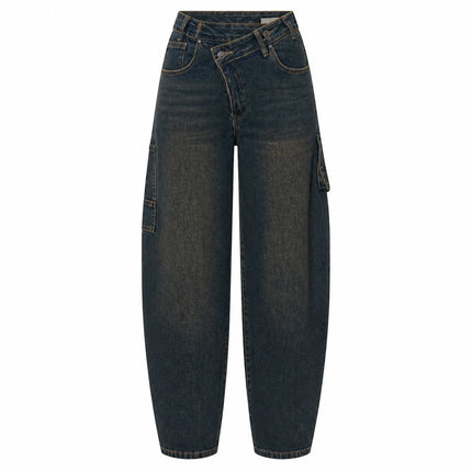 Blue cargo woman Jeans Cross-Waist Double buttons Denim Wash Vintage Fit Loose Side Pockets Perfect for Urban Streetwear Casual, Comfortable, Trendy Everyday Look FX912