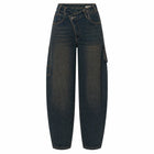 Blue cargo woman Jeans Cross-Waist Double buttons Denim Wash Vintage Fit Loose Side Pockets Perfect for Urban Streetwear Casual, Comfortable, Trendy Everyday Look FX912