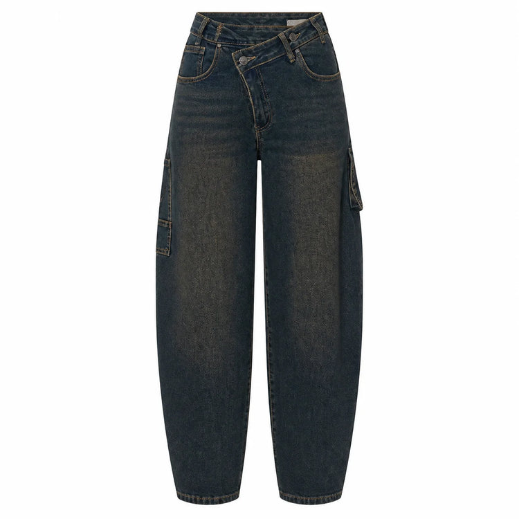 Blue cargo woman Jeans Cross-Waist Double buttons Denim Wash Vintage Fit Loose Side Pockets Perfect for Urban Streetwear Casual, Comfortable, Trendy Everyday Look FX912