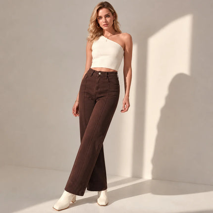 Women's Jeans High Waist Wide Leg Denim Brown Coffee Central Stitch Detail Soft Structured Stylish Casual For Office And Quotidians YW‑1882F