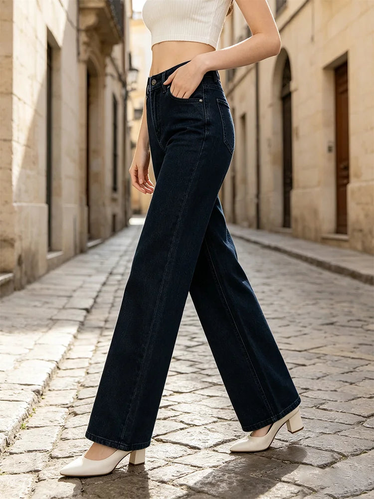 Women's Wide-Leg High-Waisted Dark Denim Jeans with Enzyme Wash, Trendy Slimming Loose Cut, Comfortable Fit That Enhances the Silhouette, Versatile Elegant Casual Style, Durable Pants, Ideal for Fx1338-7