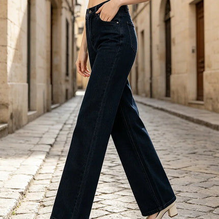 Women's Wide-Leg High-Waisted Dark Denim Jeans with Enzyme Wash, Trendy Slimming Loose Cut, Comfortable Fit That Enhances the Silhouette, Versatile Elegant Casual Style, Durable Pants, Ideal for Fx1338-7