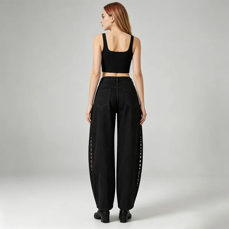 Women's Banana High Waist Denim Jeans Black Washed Rhinestones Decorative pants Wings Wide Glitter Streetwear For Urban Releases Look Fashion Glam FX5429-1
