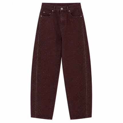 Banana Women's Jeans High Waist Denim Bordeaux Washed Rhinestones Side pants Wide Curves Shine Streetwear For Party Out Citizens Look Fashion Glam FX5429-2