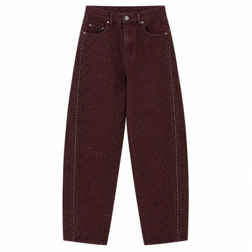 Banana Women's Jeans High Waist Denim Bordeaux Washed Rhinestones Side pants Wide Curves Shine Streetwear For Party Out Citizens Look Fashion Glam FX5429-2