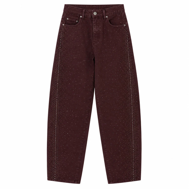 Banana Women's Jeans High Waist Denim Bordeaux Washed Rhinestones Side pants Wide Curves Shine Streetwear For Party Out Citizens Look Fashion Glam FX5429-2