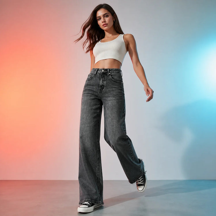 Women's Wide Leg High Waist Jeans, Black‑Gray Vintage Acid Wash Denim, Frayed Hem, Engraved Pattern Fabric, Loose Fit Shaping Legs, Y2K Street Style, Ideal for Urban Outings, Walks, Dates Fx5153