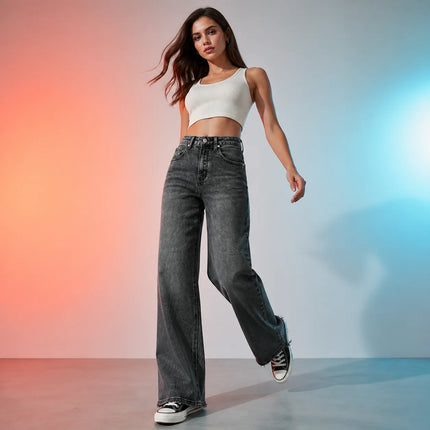 Women's Wide Leg High Waist Jeans, Black‑Gray Vintage Acid Wash Denim, Frayed Hem, Engraved Pattern Fabric, Loose Fit Shaping Legs, Y2K Street Style, Ideal for Urban Outings, Walks, Dates Fx5153
