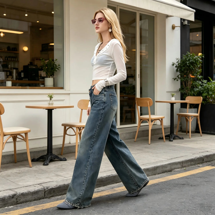 Women's High-Waisted Wide-Leg Jeans with Cross Closure, Vintage Distressed Blue Wash, Loose-Fitting Pants with Frayed Hem in Y2K Streetwear Style, Flowing Cut That Lengthens Legs and Enhances Silhouette, Relaxed Fit, Yw-1910