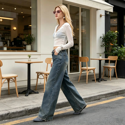 Women's High-Waisted Wide-Leg Jeans with Cross Closure, Vintage Distressed Blue Wash, Loose-Fitting Pants with Frayed Hem in Y2K Streetwear Style, Flowing Cut That Lengthens Legs and Enhances Silhouette, Relaxed Fit, Yw-1910
