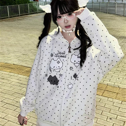 Japanese Y2k Hoodies Jackets Women Clothes Polka Dot Cat Print Sweatshirts 2025 Ropa Mujer Casual Chic Hooded Cute Hoodie Tops