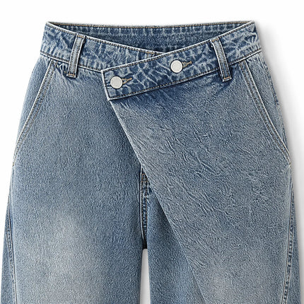 Y2K women’s cross-waist baggy jeans, light-wash effect wide-leg denim trousers with decorative rips and asymmetrical stitching, streetwear style, sizes XS‑S‑M‑L YW1587