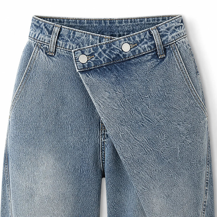 Y2K women’s cross-waist baggy jeans, light-wash effect wide-leg denim trousers with decorative rips and asymmetrical stitching, streetwear style, sizes XS‑S‑M‑L YW1587