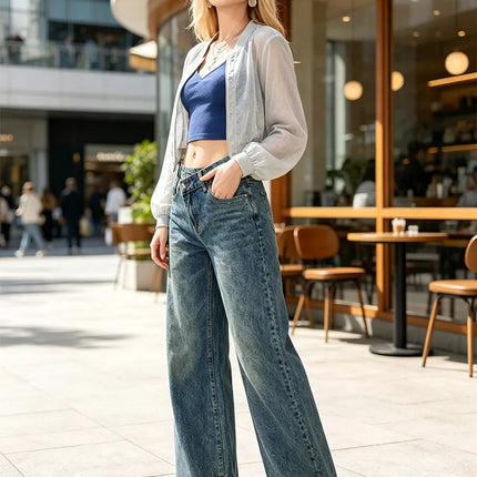Women's High-Waisted Jeans with Criss-Cross Closure, Wide-Leg Vintage Faded Wash Effect, Trendy Streetwear Style Loose Denim Pants, Comfortable Fit That Enhances the Silhouette, Versatile Design, Yw-1910