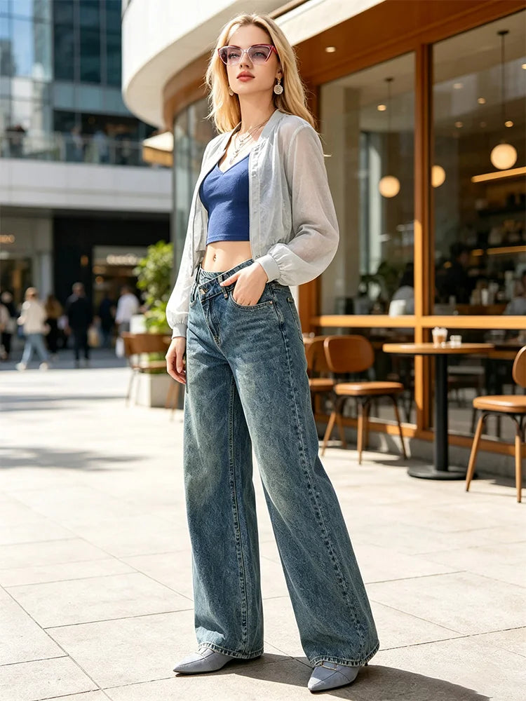Women's High-Waisted Jeans with Criss-Cross Closure, Wide-Leg Vintage Faded Wash Effect, Trendy Streetwear Style Loose Denim Pants, Comfortable Fit That Enhances the Silhouette, Versatile Design, Yw-1910