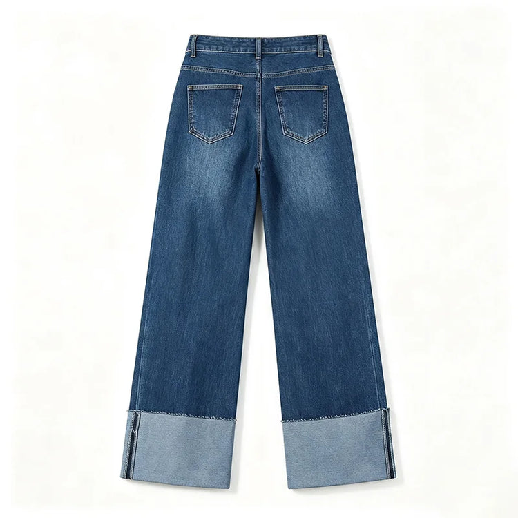Women's High-Waisted Wide-Leg Jeans, Frayed Hem, Vintage Blue Wash, Slimming Loose Fit, Ideal for Daily Wear, Stylish Casual Look Spring Autumn Yw-1329