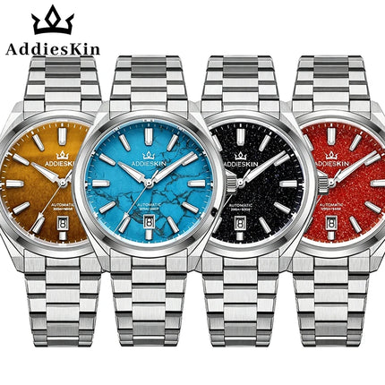 ADDIESKIN K010 Men's Automatic Watch Natural Stone Dial Tiger Eye Turquoise Goldstone Sapphire Crystal Miyota 9015 BGW9 Luminous