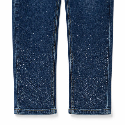 Women’s high-waisted skinny jeans with gradient rhinestones at the ankles, stretchy blue denim, five-pocket trousers in an elegant style, fashionable pieces for evenings and everyday looks, comfortable fabric FX5024