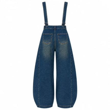 Women's Trendy Vintage Wash Balloon-Leg Denim Overalls, Adjustable Suspenders, Loose-Fitting Pants with Practical Pockets That Flatter the Figure, Urban Casual Streetwear Style, Durable Denim Fabric, Ideal for Spring and Autu