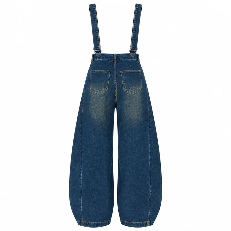 Women's Trendy Vintage Wash Balloon-Leg Denim Overalls, Adjustable Suspenders, Loose-Fitting Pants with Practical Pockets That Flatter the Figure, Urban Casual Streetwear Style, Durable Denim Fabric, Ideal for Spring and Autu