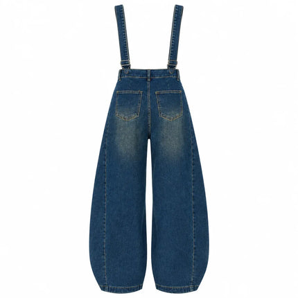 Women's Trendy Vintage Wash Balloon-Leg Denim Overalls, Adjustable Suspenders, Loose-Fitting Pants with Practical Pockets That Flatter the Figure, Urban Casual Streetwear Style, Durable Denim Fabric, Ideal for Spring and Autu