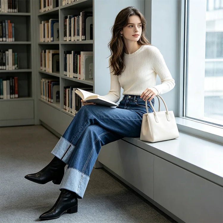 Women's High-Waisted Wide-Leg Jeans, Frayed Hem, Vintage Blue Wash, Slimming Loose Fit, Ideal for Daily Wear, Stylish Casual Look Spring Autumn Yw-1329