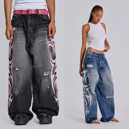 Y2K Jeans larghi con stampa totem screziati vintage americano Jeans da donna a vita alta a gamba larga Jeans hip-hop alla moda da donna