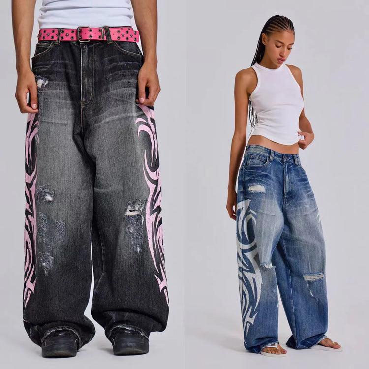 Y2K Jeans larghi con stampa totem screziati vintage americano Jeans da donna a vita alta a gamba larga Jeans hip-hop alla moda da donna