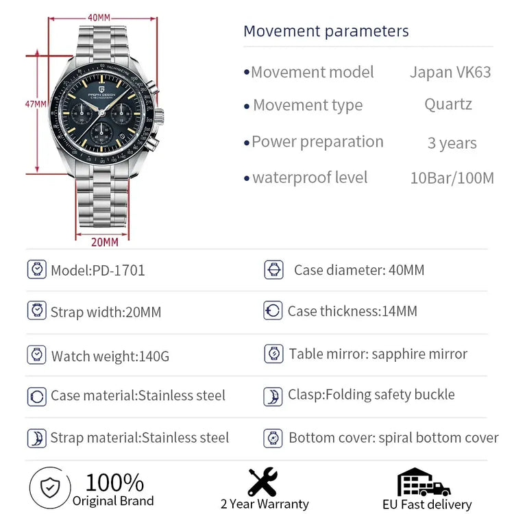 PAGANI DESIGN New Moon Watch Fashion ice blue Orologi al quarzo di lusso per uomo Cronografo da polso in acciaio inossidabile Regali per le vacanze Spedizione locale UE