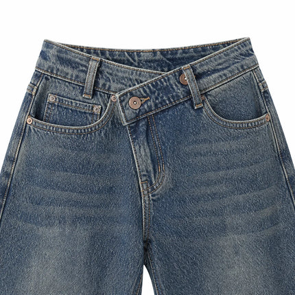 Women's Wide Leg Jeans with Distressed Waist, Blue Denim with Vintage Texture Effect, Crossed Oblique Closure, Loose Fit for Leg Shaping, Y2K Streetwear Style, Ideal for Outings, Urban Life, Dates, Spring Summer Autumn Winter