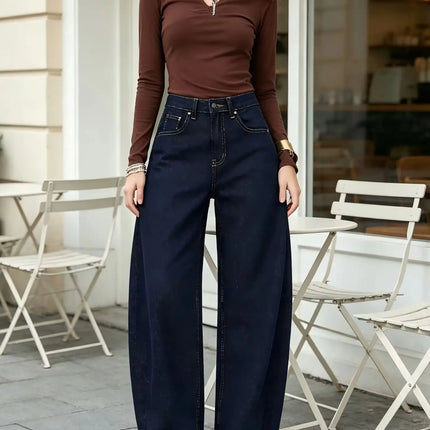Women's High-Waisted Barrel-Style Vintage Jeans, Raw Dark Blue Denim, Loose-Fitting Curved Leg Pants with Contrasting Stitching, Trendy Casual Street Style, Comfortable Cut That Enhances the Silhouette, Relaxed Fit, Fx5379-6