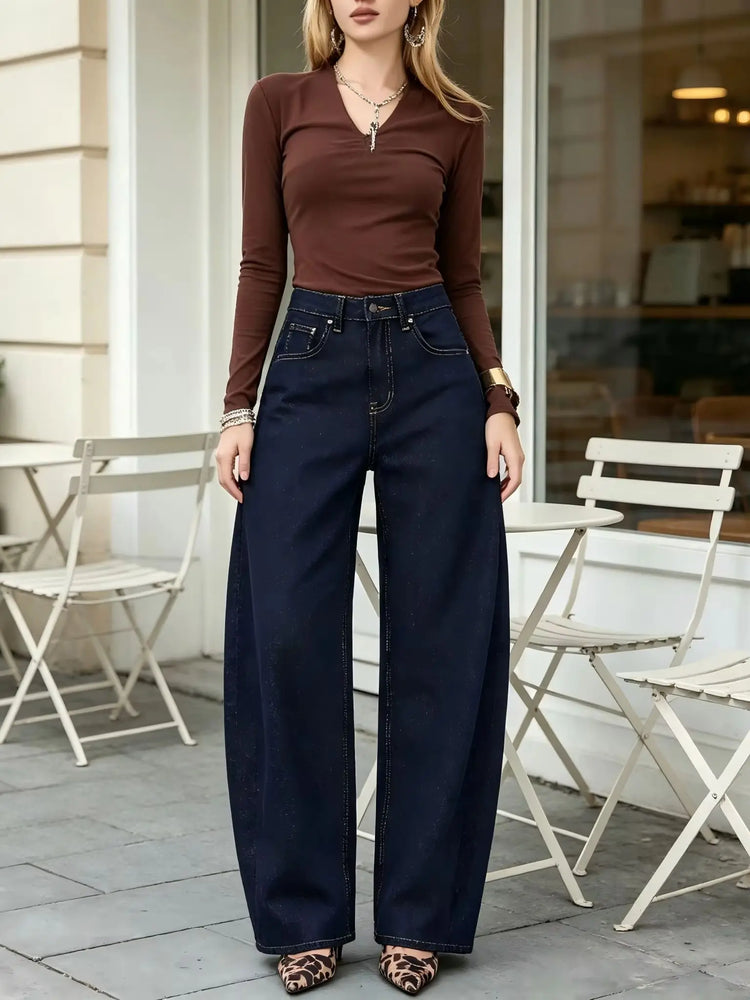 Women's High-Waisted Barrel-Style Vintage Jeans, Raw Dark Blue Denim, Loose-Fitting Curved Leg Pants with Contrasting Stitching, Trendy Casual Street Style, Comfortable Cut That Enhances the Silhouette, Relaxed Fit, Fx5379-6