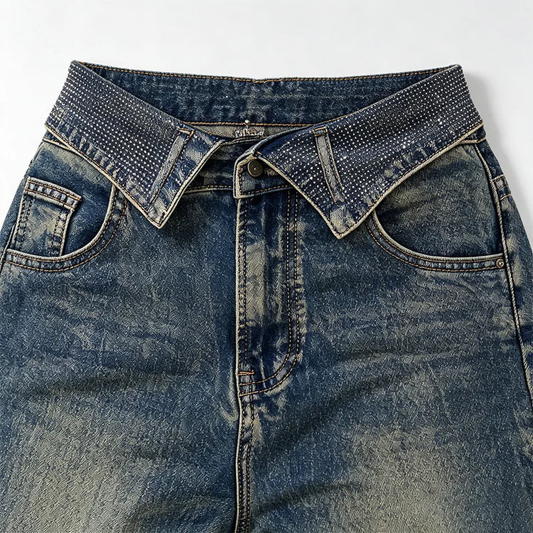 Women's Wide-Leg Jeans with Rhinestone-Trimmed Cuff, Dark Blue Retro Vintage Wash Denim, Trendy Shiny Details, Glam Streetwear Style, Flattering Fit That Enhances the Silhouette, Jf526