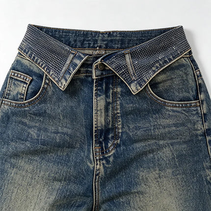 Women's Wide-Leg Jeans with Rhinestone-Trimmed Cuff, Dark Blue Retro Vintage Wash Denim, Trendy Shiny Details, Glam Streetwear Style, Flattering Fit That Enhances the Silhouette, Jf526